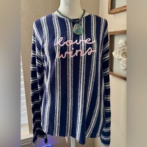 Express Love Wins Low Back Sweater Bell Sleeve Blue/White Size Small Soft Light